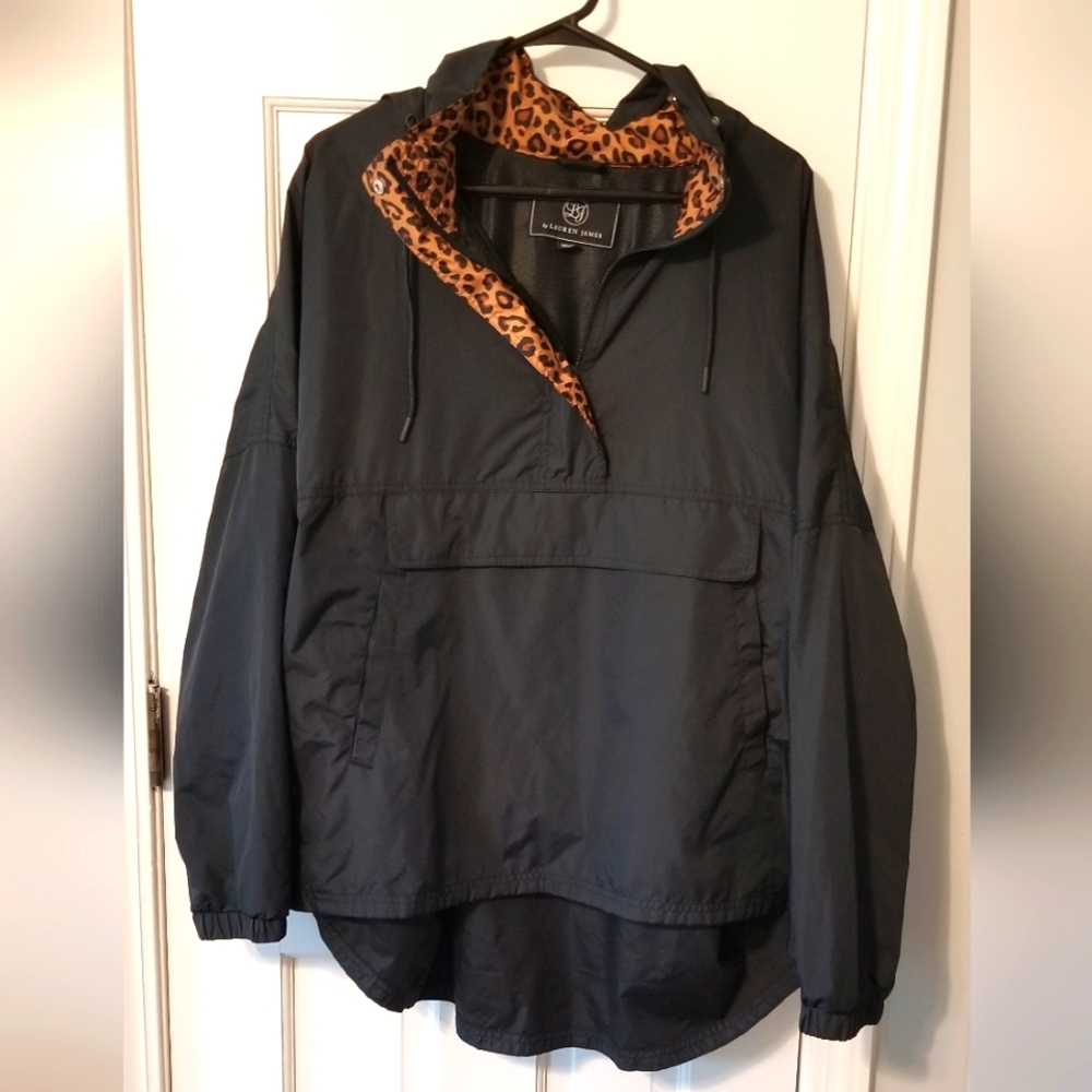 Lauren James 1/2 Zip pullover rain jacket XXL, black w/ animal print collar